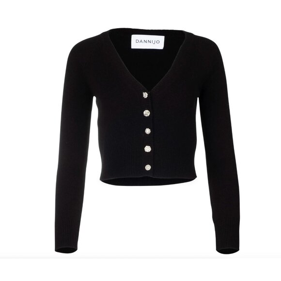Dannijo Black V Neck Cropped Cardigan Jewel Buttons Cashmere Wool Small - Picture 1 of 8